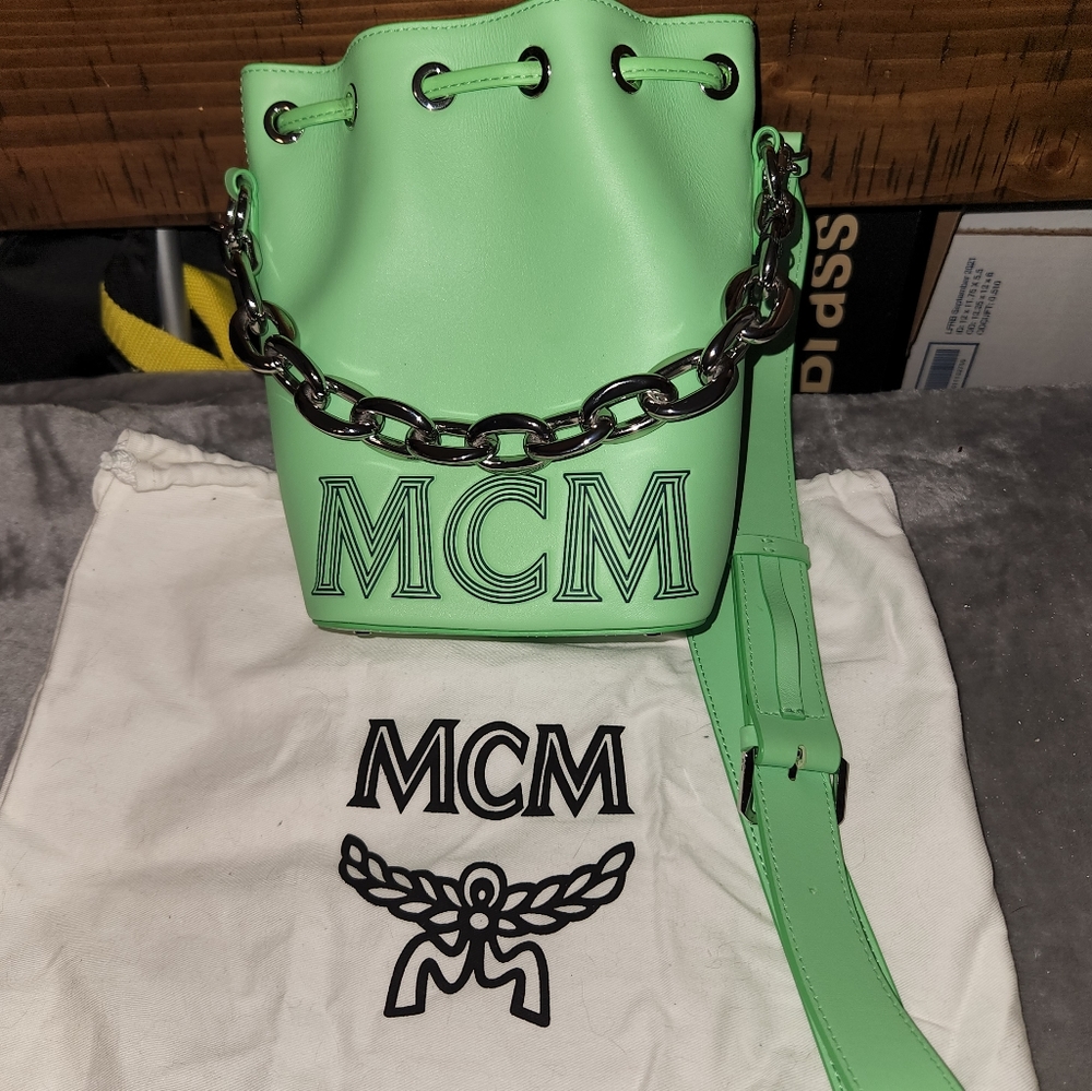 MCM Leather Bucket Bag in Mint Pistachio Green